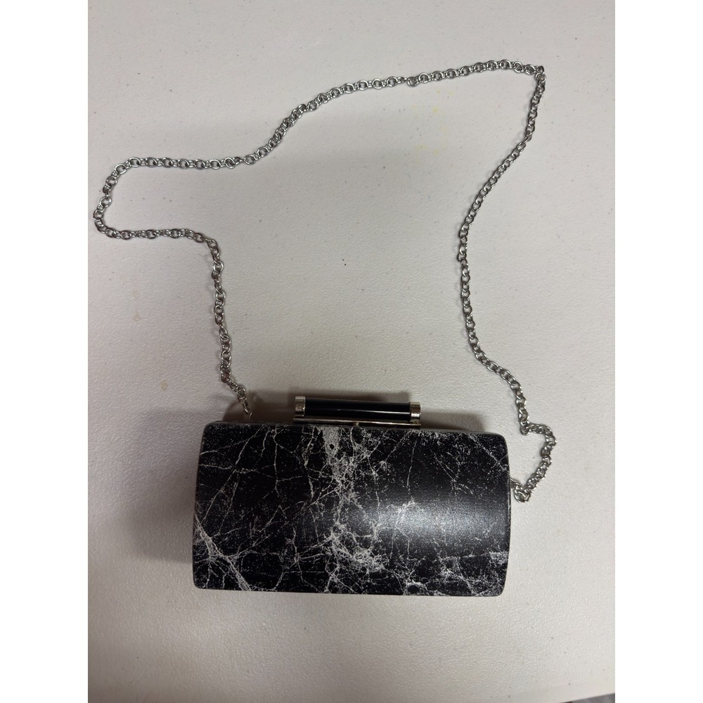 Sondra Roberts Hard Shell Clutch Bag Women Black Silver Chain Marble Print Purse